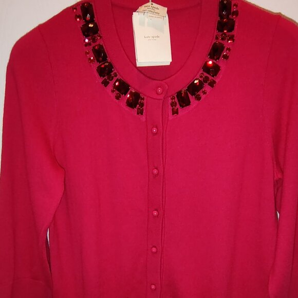 KATE SPADE 3/4 SLEEVE KNIT CARDIGAN SWEATER BEADED NECKLINE CHERRY RED SZ M - Picture 5 of 8